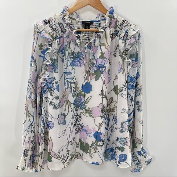 NWOT Halogen Floral Ruffle Smocked Tie Front Long Sleeve Cottagecore Blouse L - Picture 1 of 13